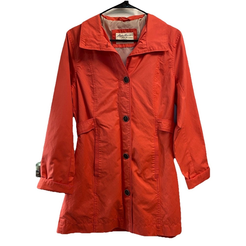 Eddie Bauer Womens Coral Pink Trench Rain Coat‎ Jacket Button-up Back Adj.Belt-S